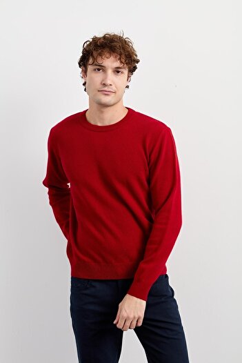Desen Triko Men's Crew Neck Classic Wool Sweater Red.