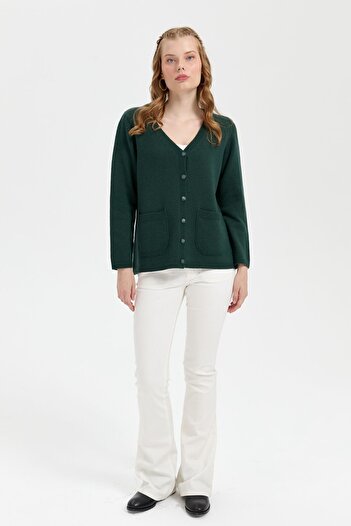 Desen Triko Green V-neck Women's Wool Cardigan - Basic