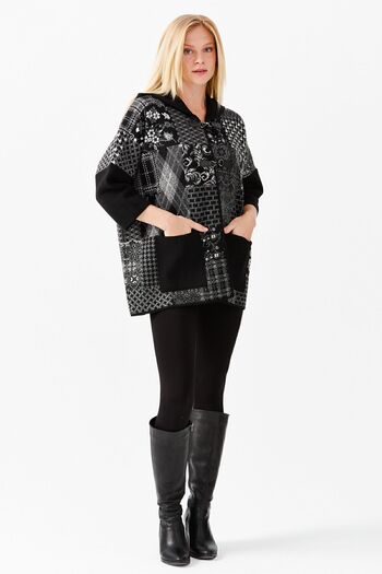 Desen Triko Women's Hooded Patchwork Houndstooth Patterned Tri-Color Poncho Black