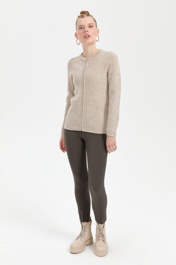 Desen Triko V.Beige Women's Wool Cardigan - Zero Collar, Seamless, Zip-Up