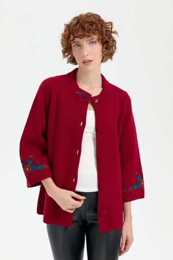 Desen Triko Women's Woolen Short Jacket with Stand Collar and Embroidered Sleeves - V.cavity