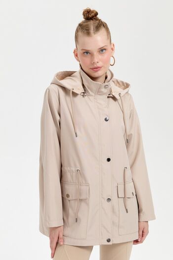 Desen Triko Beige Women's Trench Coat - Hooded, Flap Pocket, Short