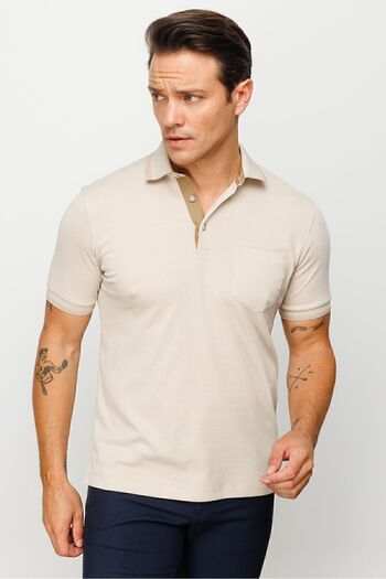 Desen Triko Men's Polo Neck Collar and Sleeve Knitwear Pocket T-shirt Beige