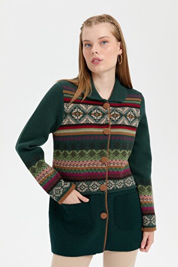 Desen Triko Green Women's Polo Neck Felted Araboy Wool Cardigan