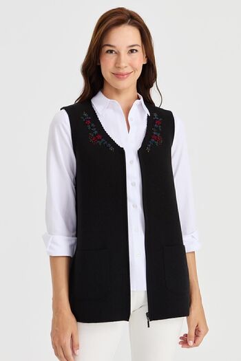 Desen Triko Women's V-Neck Lace Embroidered Wool Vest Black