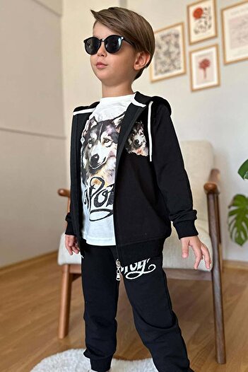 Riccotarz Boy's Black Wolf Printed Tracksuit and Hooded Jacket Set
