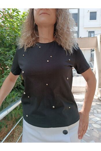 KAROL Premium Quality Black T-Shirt - Round Neck with Iron Accessory Detail