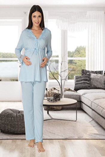 Genel Markalar Zerre Bebe Kadın Mavi Uzun Kollu Pijama Takımı Gecelik Sabahlık Lohusa Hamile 4'lü Set