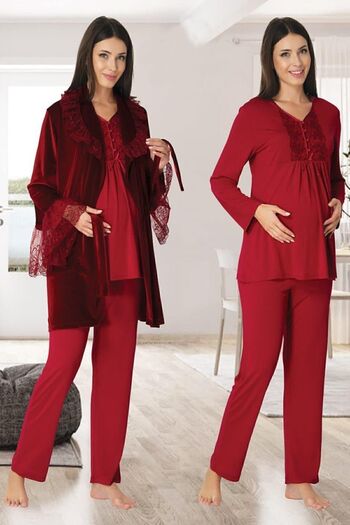 Effort Pijama Women's Fuchsia Velvet Maternity Pajama Set with Dressing Gown