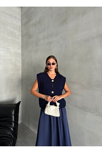 Laluvia Dark Blue Sweater with Three Gold Buttons