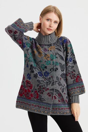 Desen Triko Women's High Collar Ivy Floral Wool Jacket Smoked