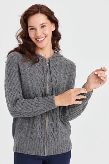 Desen Triko Women's Hooded Hair Walking Braided Wool Cardigan Smoked