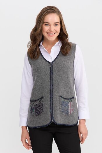 Desen Triko Women's V-Neck Water Stone Beaded Embroidered Short Wool Vest Smoked