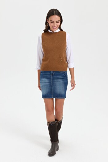 Desen Triko Women's Woolen Sweater - Zero Collar, Seamless and Pocket, Tan