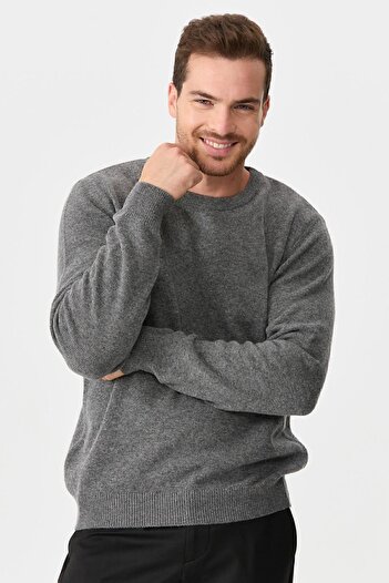 Desen Triko Men's Crew Neck Classic Wool Sweater Smoked