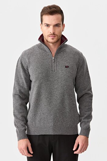 Desen Triko Men's Zipper Collar Classic Wool Sweater Smoked