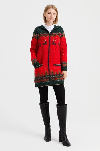Desen Triko Women's Hooded Deer Patterned Wool Cardigan Coral