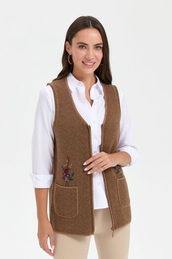 Desen Triko V-neck Embroidered Women's Wool Vest - Pocket Top Camel