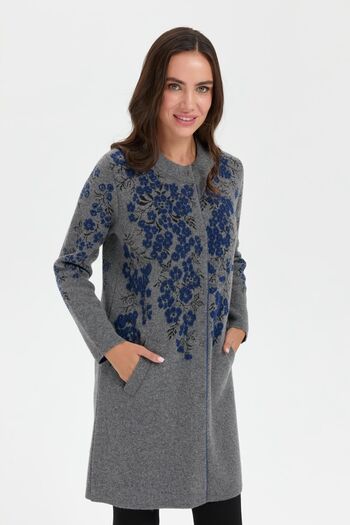 Desen Triko Women's Long Wool Cardigan with Smoke Color - Stand Collar and Floral Print