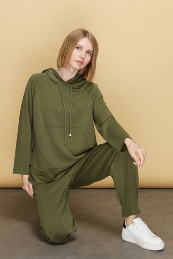 Desen Triko Women's Hooded Sweat with Side Snap Pockets Khaki