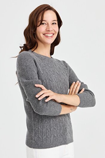 Desen Triko Women's Crew Neck Front Loose Wool Sweater Smoked