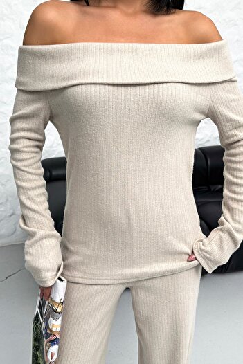 Know Beige Colored Madonna Collar Women's Thessaloniki Pants Set
