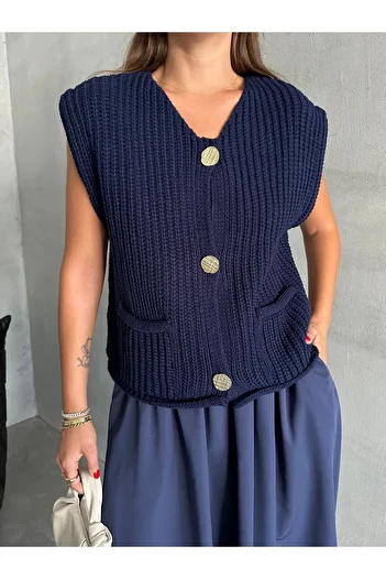 Laluvia Dark Blue Sweater with Three Gold Buttons