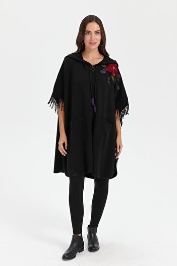Desen Triko Black Shoulder Floral Hooded Women's Poncho