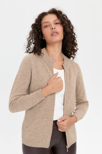 Desen Triko Beige Women's Wool Cardigan - Stand Collar, Zippered, Seamless