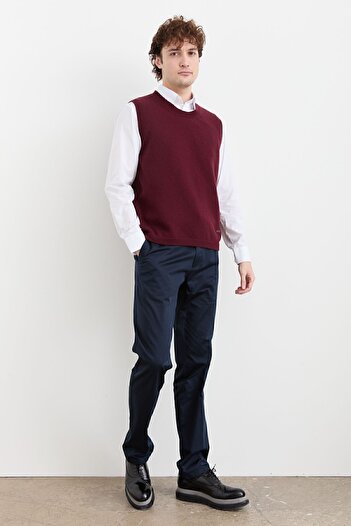 Desen Triko Men's Crew Neck Classic Wool Sweater Claret Red