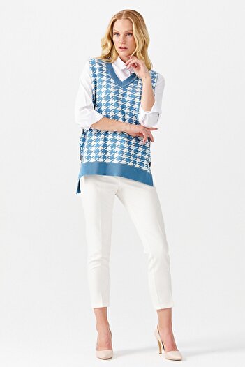 Desen Triko Women's V-Neck Houndstooth Patterned Sweater Blue