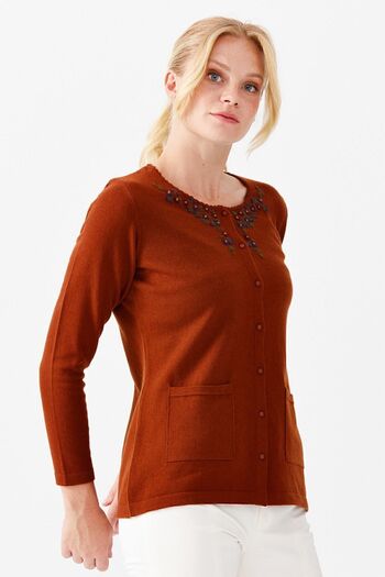 Desen Triko Women's Crew Neck Embroidered Buttoned Thin Cardigan A.taba