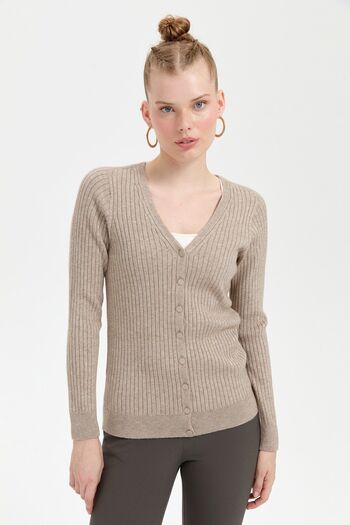 Desen Triko V-neck Seamless Women's Cardigan - Mink