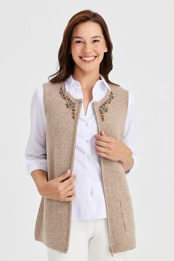 Desen Triko Women's Zero Collar Lace Embroidered Wool Vest Dark Beige