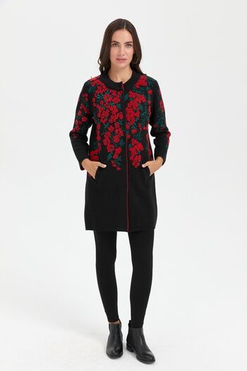 Desen Triko Black Floral Stand Collar Long Wool Cardigan