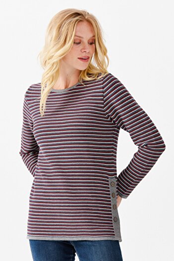 Desen Triko Women's Crew Neck Colorful Striped One Side Slit Buttoned Blouse Gray