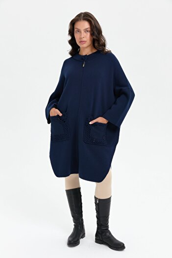 Desen Triko Navy Blue Women's Poncho - Stand Collar, Rose Embroidered, Zippered