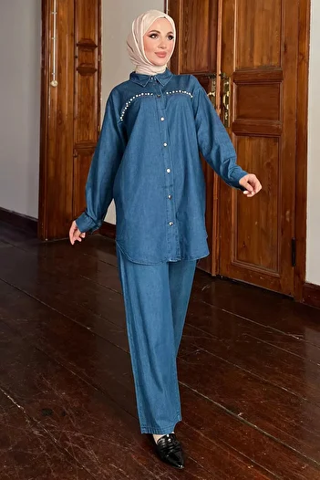 julude Navy Blue Stone Pearl Detailed Jeans Shirt and Trousers Hijab Set