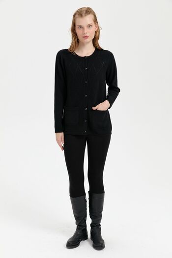 Desen Triko Women's Black Wool Cardigan - Zero Collar, Diamond Knit, Seamless