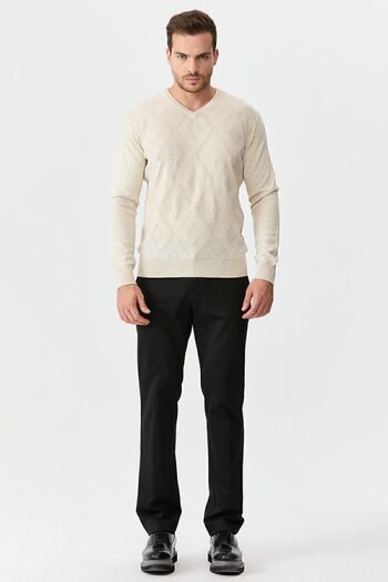 Desen Triko Men's V-Neck Diamond Patterned Wool Sweater V.beige
