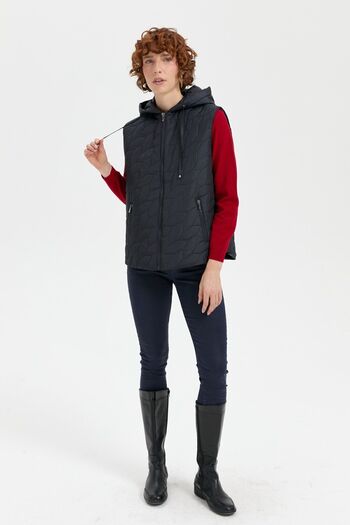 Desen Triko Navy Blue Leaf Patterned Women's Quilted Vest - Short Cut