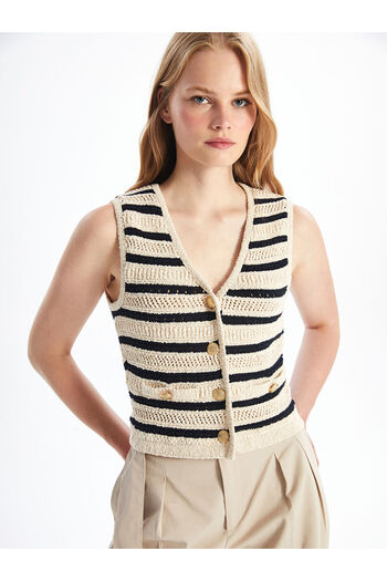 LC Waikiki Lw - V-Neck Striped Women's Knitwear Vest