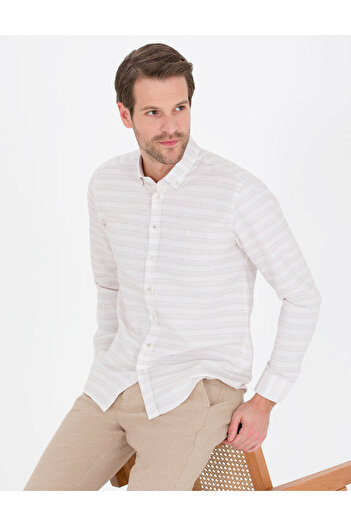 Pierre Cardin Μπεζ Slim Fit Μακρυμάνικο Πουκάμισο 50267994-VR011