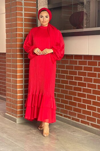 Şule Giyim Tight Pleated Belted Evening Dress Red