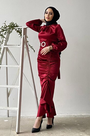 Şule Giyim Satin Evening Dress with Gathered Skirt and Belt Claret Red