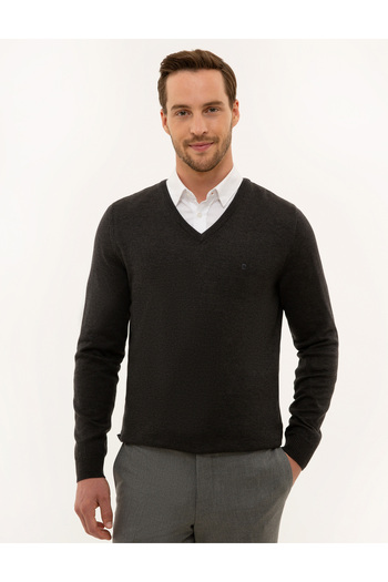 Pierre Cardin V-Neck Slim Fit Anthracite Melange Sweater -50229214-vr081