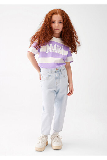 Mavi T-shirt z nadrukiem w fioletowe paski, luźny krój/luźny, zrelaksowany krój7610191-70506