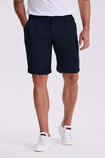 Jakamen Dark Navy Blue Comfort Fit Linen Textured Relaxed Cut Double Leg Shorts