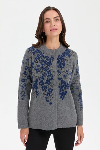 Desen Triko Smoke Colored Women's Woolen Jacket - Stand Collar and Puppy Flower Pattern