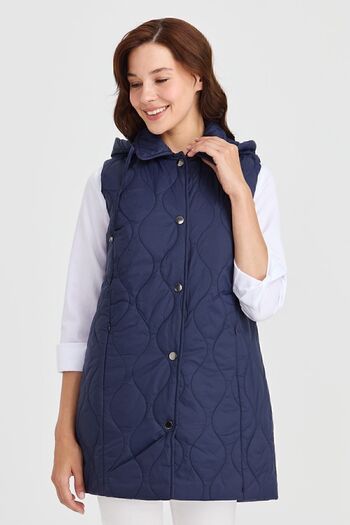Desen Triko Women's Hooded Quilted Vest Navy Blue